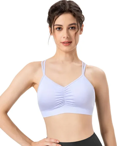 Vista 2 de VEQKING Brasier deportivo con espalda cruzada para mujer, brasier deportivo fruncido, soporte medio, brasier de yoga con relleno extraíble