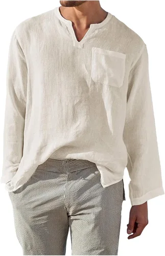 Vista 2 de XDTDRYRYU Camisetas para hombre, cuello en V, manga larga, de algodón, formal, de negocios, a la moda, transpirables, Henley, 424