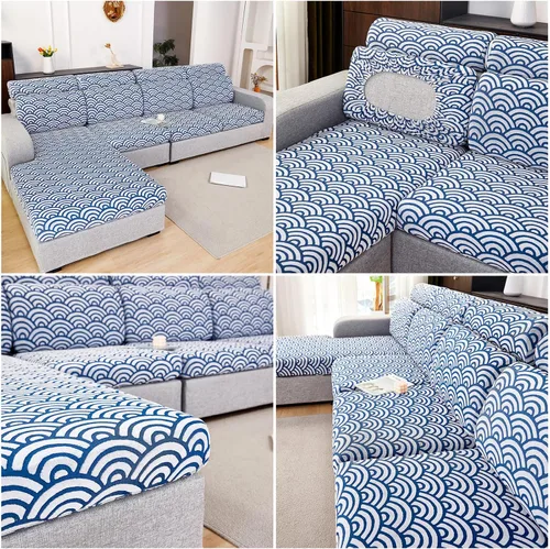 Vista 6 de JOKIVTOU Fundas para sofá modular, fundas de sofá con textura ondulada en forma de L, fundas de sofá reclinable, fundas elásticas para sofá Azul