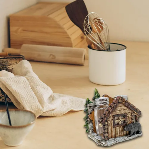 Vista 5 de BestGiftEver Juego de saleros y pimenteros con soporte, diseño de oso y cabaña para cocina estilo cabaña, decoración rústica de poliresina