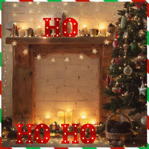 Vista 4 de 6 piezas de decoración de centro de mesa de Navidad con luces LED, letras iluminadas, señal de Ho Ho, decoración de mesa de Navidad para centro
