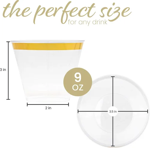 Vista 6 de PLASTICPRO Vasos de plástico desechables de 9 onzas, vasos de diseño antiguo, con borde dorado, 200 unidades, transparente Transparente con borde