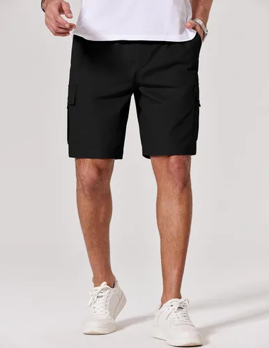 Vista 2 de COOFANDY Pantalones cortos cargo de sarga de algodón para hombre, con cordón elástico, cintura elástica, casual, con 5 bolsillos