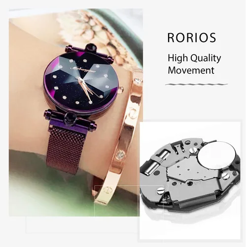 Vista 4 de RORIOS Relojes de pulsera de diamantes simulados de cuarzo analógico con esfera de cielo estrellado