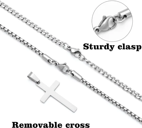 Vista 6 de LUXEJEW Collar de cruz de acero inoxidable para hombres y niños, cadena de eslabones cubanos de plata dorada y negra, cadena de cadena con colgante