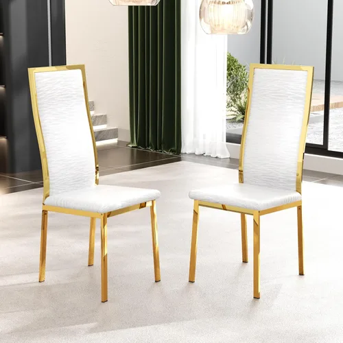 Vista 19 de Juego de 2 sillas de comedor modernas, piel sintética negra con patas de metal dorado cromado, diseño de respaldo alto curvo y acolchado tipo nube