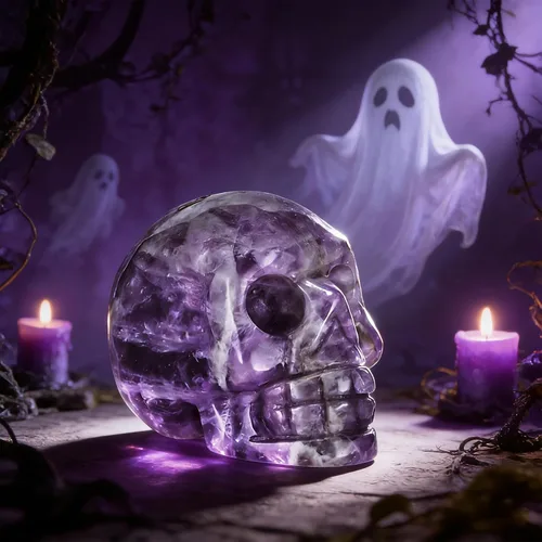 Vista 6 de Artistone Estatua de calavera de cristal de amatista de 2 pulgadas, piedra preciosa curativa tallada a mano con cabeza de calavera humana