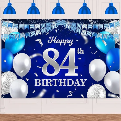 Vista 91 de Bandera de feliz primer cumpleaños con fondo azul marino, globos, confeti, bandera de rayas, luces de puntos, felicitaciones por el tema de 1 año