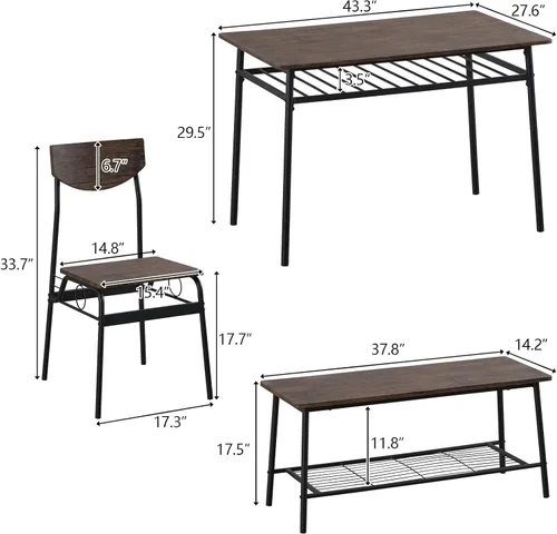 Vista 4 de Juego de comedor moderno de 6 piezas para el hogar, cocina, comedor con estantes de almacenamiento, marco de acero, mesa rectangular con 1 banco y 4