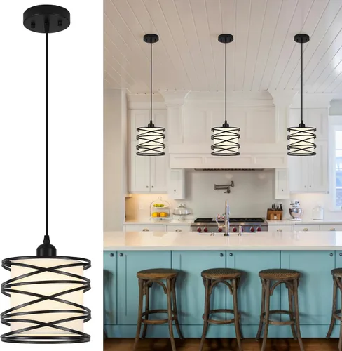 Vista 10 de Lámpara colgante, isla de cocina, lámparas colgantes de madera, granja, metal, iluminación colgante para comedor, dormitorio, bar, oficina, negro 1