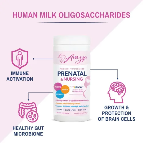 Vista 4 de Fórmula prenatal Avazza con fórmula TriBiom: probióticos + prebióticos + posbióticos para nutrir y estabilizar contra el intestino permeable.
