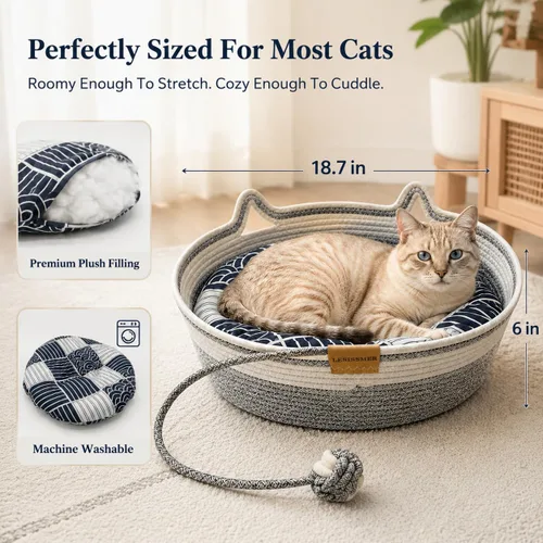 Vista 3 de Cesta de cama para gatos de interior Cuerda de algodón tejida a mano con Gris