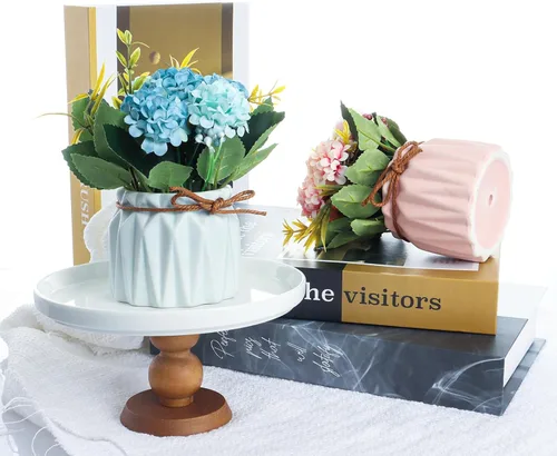 Vista 7 de Fumwase Ramo de hortensias artificiales con pequeño jarrón de cerámica, plantas de flores artificiales, mini flores de hortensias falsas, decoración