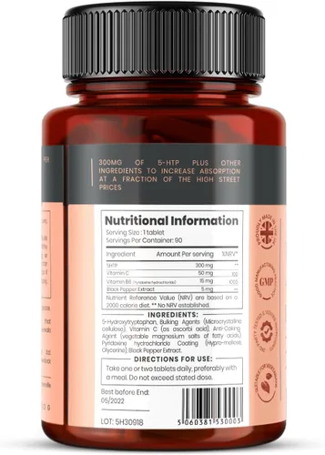Vista 8 de Alta absorción 5HTP 300mg x 90 tabletas - 3 meses de suministro. con vitamina C, B6 y extracto de pimienta negra