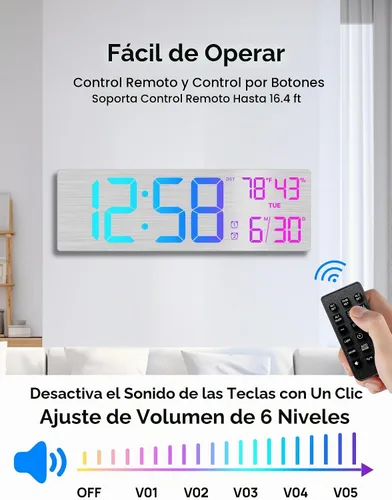 Vista 6 de MASHI Reloj de pared digital grande de 18.5", con control remoto, doble alarma con gran pantalla LED, 10 niveles de brillo ajustable, DST, fecha