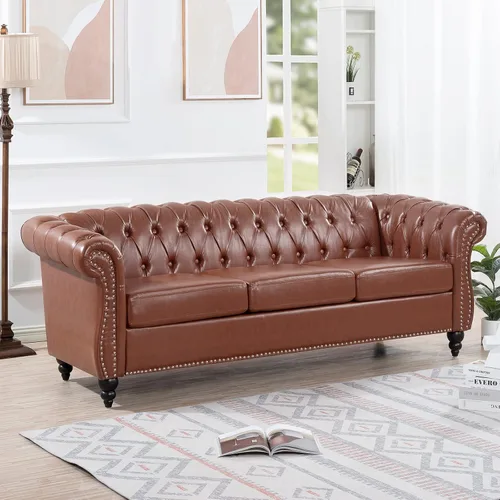 Vista 9 de 84.65" Scroll Arms Chesterfield Sofa PU Leather 3 Seater Couch with Soft Seating Cushions, Modern Style 3-seat Sofa for Living Room Office Apartment