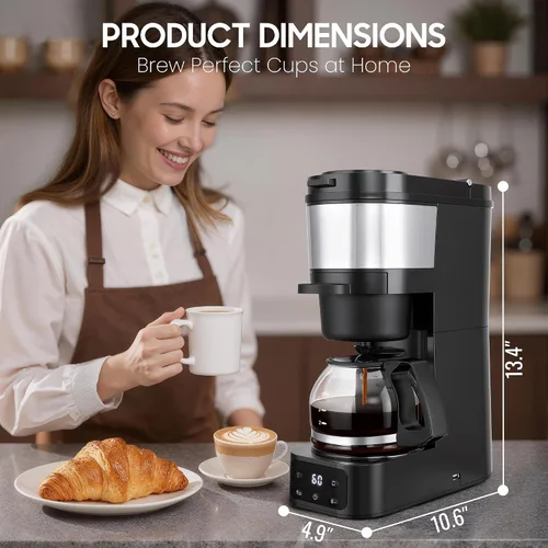 Vista 2 de ATSENT Cafetera de Moler y Preparar Café, Cafetera de Goteo con Molinillo Integrado, Máquina de Café Programable de 5 Tazas con Intensidad