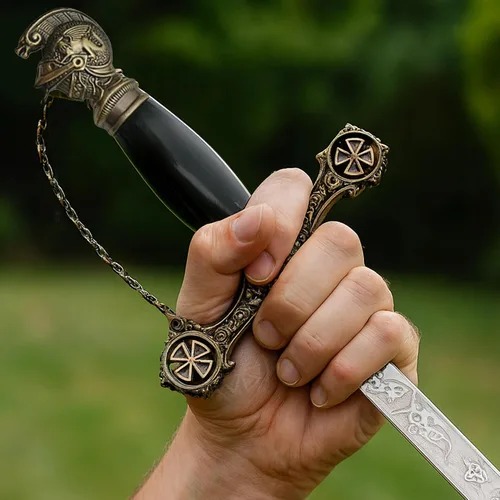 Vista 7 de SZCO Espada de caballero templario de 37 pulgadas, aspecto de espada real medieval con hoja de acero inoxidable grabada, protector y pompa de latón