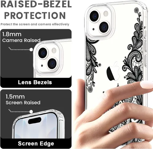 Vista 5 de Compatible con iPhone 13, funda protectora de encaje negro transparente con flores florales a prueba de golpes, parte trasera dura, delgada, bonita
