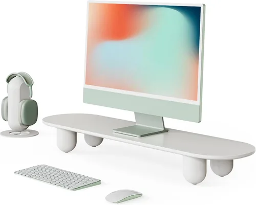 Vista 11 de Fenge Elevador de monitor, soporte de monitor doble de 34 pulgadas para monitores grandes, organizador de escritorio con estante de vidrio y patas