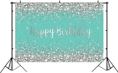 Vista 2 de Fondo de fotografía de cumpleaños azul y plateado, fondo de diamantes brillantes para niñas y adultos, decoración de fiesta de cumpleaños, pancarta