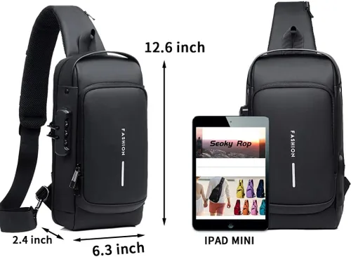 Vista 3 de Mochila bandolera antirrobo, mochila cruzada de un hombro con puerto de carga USB, viajes, senderismo, mochila casual, Negro 2, talla única
