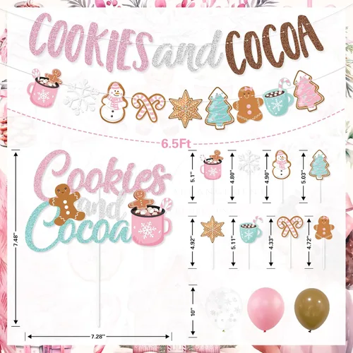 Vista 3 de Decoraciones de fiesta de galletas y cacao, banner de galletas rosas y cacao, banner navideño de hombre de jengibre, globos para adorno de pastel