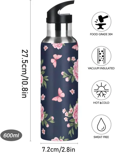 Vista 9 de Pink Peonies Botella de agua aislada de 20 onzas, botella de agua deportiva sin BPA con popote a prueba de fugas