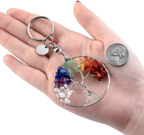 Vista 5 de GEHECRST Llavero de cristal de chakra, hecho a mano, envuelto en alambre envuelto en árbol de la vida, piedra de cristal curativo, llavero