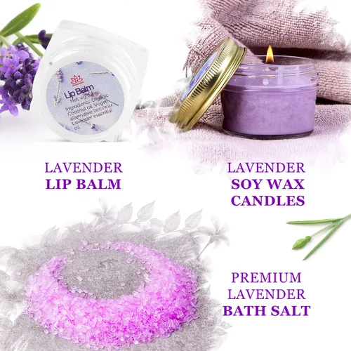 Vista 3 de Cesta de regalo para mujer, juego de regalo de lavanda orgánica, baño y cuerpo en casa, kit de spa, vela de cera de soja, sal de baño de aceite