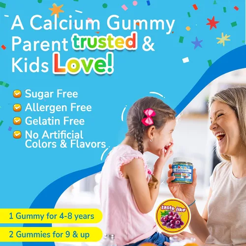 Vista 10 de Gomitas de calcio para niños de algas + vitamina D3 K2 para huesos y Suplemento de calcio a base de plantas para niños 400 mg + magnesio, zinc