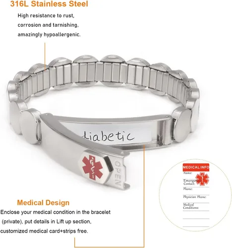 Vista 3 de Pulseras de identificación de alerta médica para mujer, pulsera elástica ajustable de emergencia de acero inoxidable plateado de 7.48 pulgadas