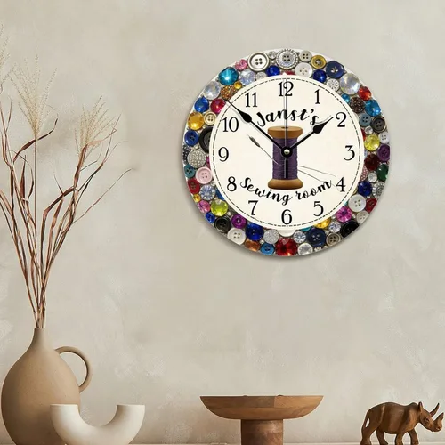 Vista 6 de ArogGeld Reloj de pared personalizado para sala de costura, botón de joya de color, 10 pulgadas, reloj de sala de manualidades, funciona