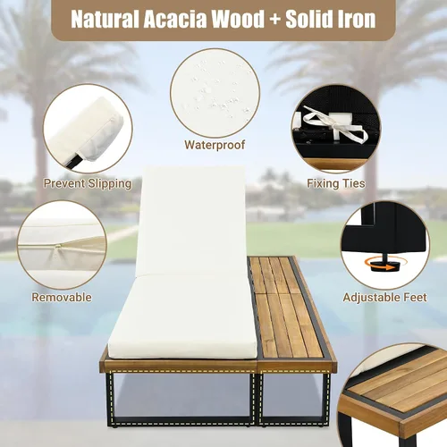 Vista 6 de Tumbona reclinable para patio al aire libre con respaldo ajustable de 5 posiciones y mesa auxiliar de madera, silla lounge para todo tipo de clima