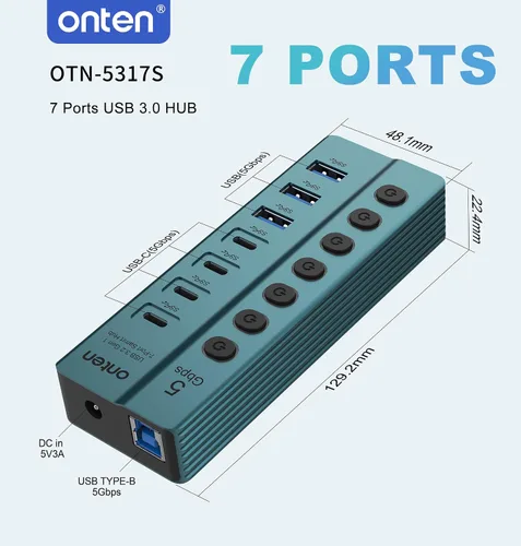 Vista 5 de Onten Hub USB-C 3.0 de 7 puertos, transferencia de datos de alta velocidad de 5 Gbps, interruptores independientes, amplia compatibilidad