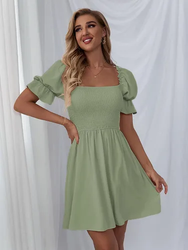 Vista 3 de WDIRARA Vestido de manga corta con volantes y cuello cuadrado para mujer