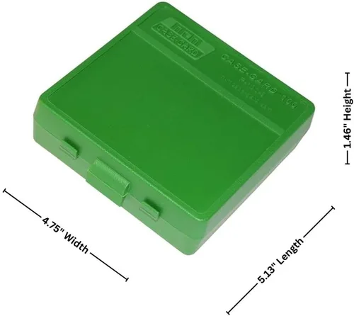 Vista 4 de Caja MTM con tapa abatible para 100 municiones para pistolas de calibre 15 pulgadas y 0.35 pulgadas Verde
