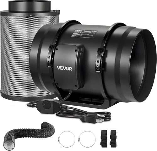 Vista 11 de VEVOR Kit de filtración de aire de 4 pulgadas, ventilador de conducto en línea de 180 CFM con controlador de velocidad, filtro de carbono y sistema