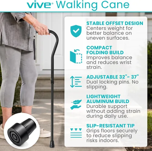Vista 2 de Vive Walking Cane for Women, Men, Elderly - Patented Offset Grip - Lightweight Adjustable Walking Aid with a Non-Slip Tip - Sturdy Balancing