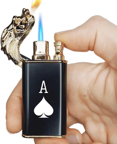 Vista 10 de Encendedor de dragón con doble llama recargable de chorro de butano, soplete de gas a prueba de viento (butano no incluido) (estilo 9 - Bitcoin)