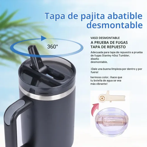 Vista 3 de Quencher ProTour - Vaso térmico de 40 onzas con asa - Botella de agua de acero inoxidable 100% a prueba de fugas aislada al vacío 2 tapas