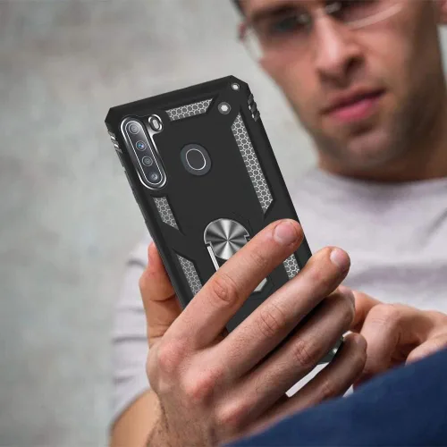 Vista 5 de Samsung A21 - Funda para teléfono Galaxy A21 con protector de pantalla, funda protectora de grado militar con anillo para Samsung Galaxy A21 (negro)