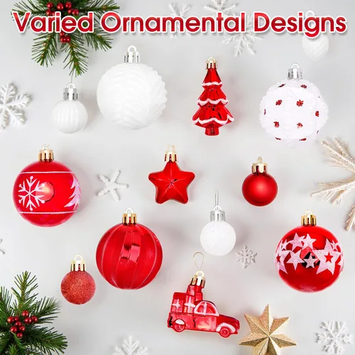 Vista 3 de DeckTheHalls 42 adornos de Navidad, varios estilos de adornos de bolas de Navidad, bolas de Navidad inastillables para decoración de árbol