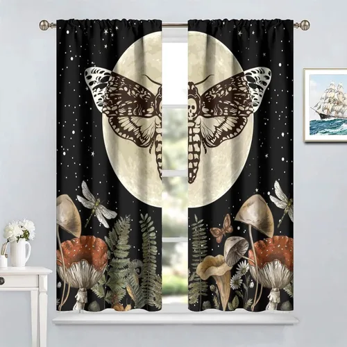 Vista 102 de Cortinas góticas de bosque de cuervos, para Halloween, espeluznante, negro, cuervo negro, alas oscuras, suspenso, bolsillo para barra, cortinas