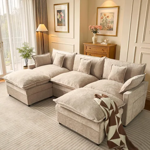 Vista 13 de 108" sofá seccional modular de gran tamaño en forma de U con el otomano Beige