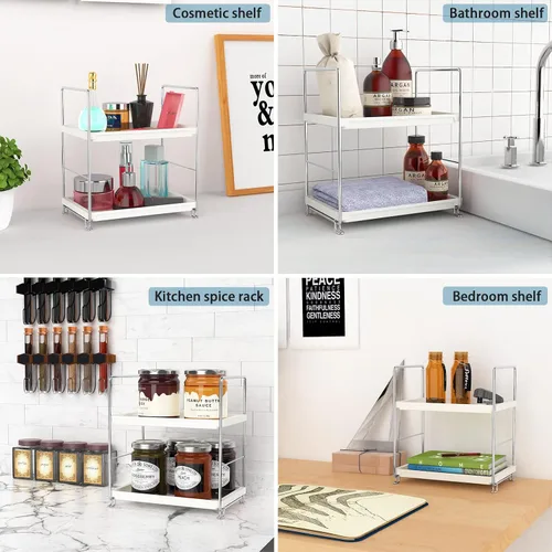 Vista 3 de Estante de especias de cocina de 2 niveles, organizador de encimera de baño, bandeja de tocador, almacenamiento de cosméticos y maquillaje, estante