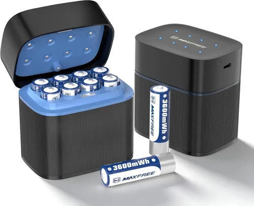 Vista 15 de Maxfree - Paquete de 8 baterías de litio recargables AA con cargador de doble propósito Negro