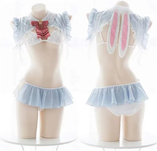 Vista 2 de Linda ropa interior sexy con orejas de conejo de Alice, bikini para uniforme de sirvienta, conjunto de lencería, disfraz de cosplay para mujer