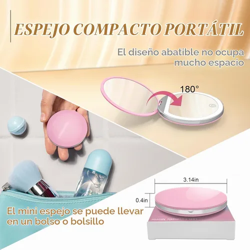 Vista 6 de Kakuje Espejo compacto con luz, espejo de bolsillo LED de aumento 1X/3X con cable de datos USB, mini espejo para bolso, bolsillo, viaje y regalo Rosa