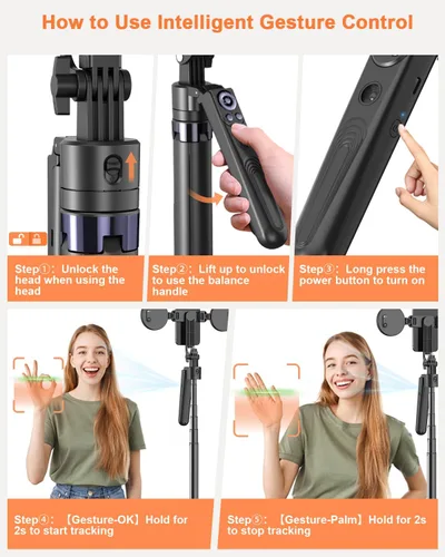 Vista 8 de Yeaki Trípode Automático de Seguimiento Facial de 71” para iPhone con Luz, Soporte de Teléfono Rotativo de 360° con Control Remoto Recargable